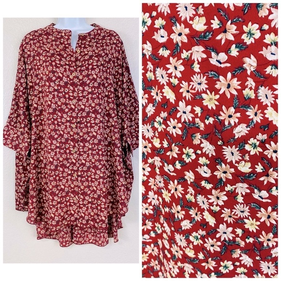 Natural Life Maroon Ditzy Floral Button Up Tunic OS - Picture 1 of 7